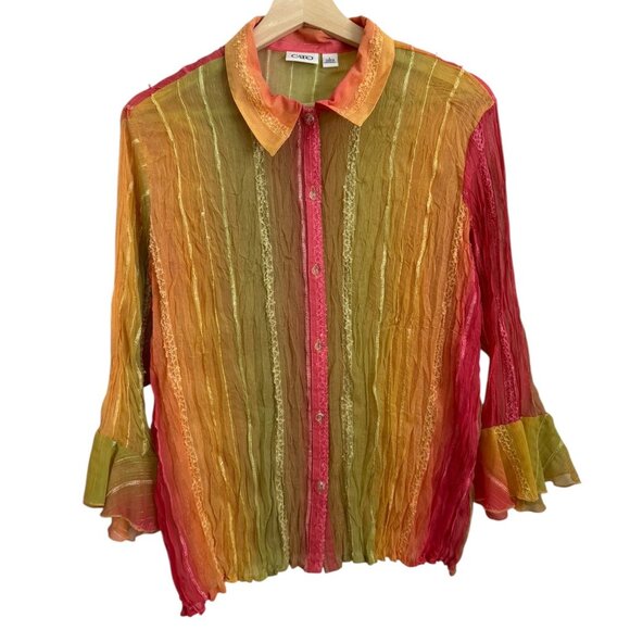 Cato Womens Ombre Sheer Flare Sleeve Fairy Blouse L Multicolor Pink Green Y2K - Picture 1 of 8